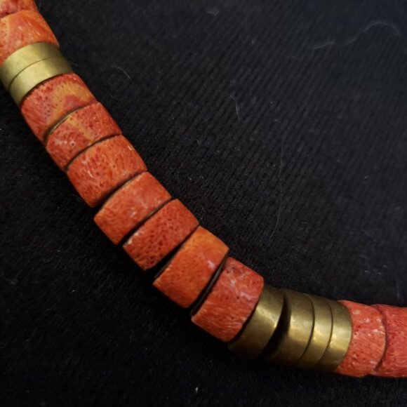 Dyed Sponge Coral and Brass Bead Necklace - Picture 2 of 7
